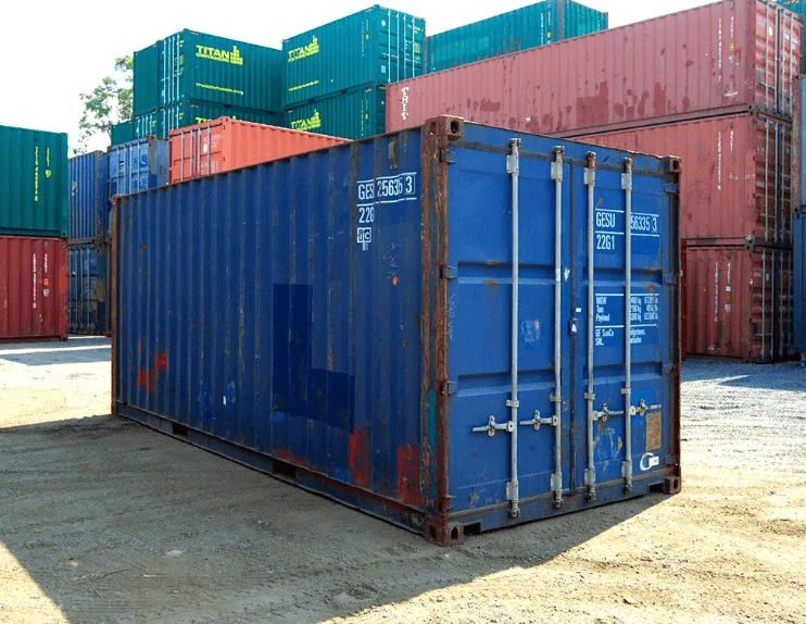 Blue shipping container ready for rental