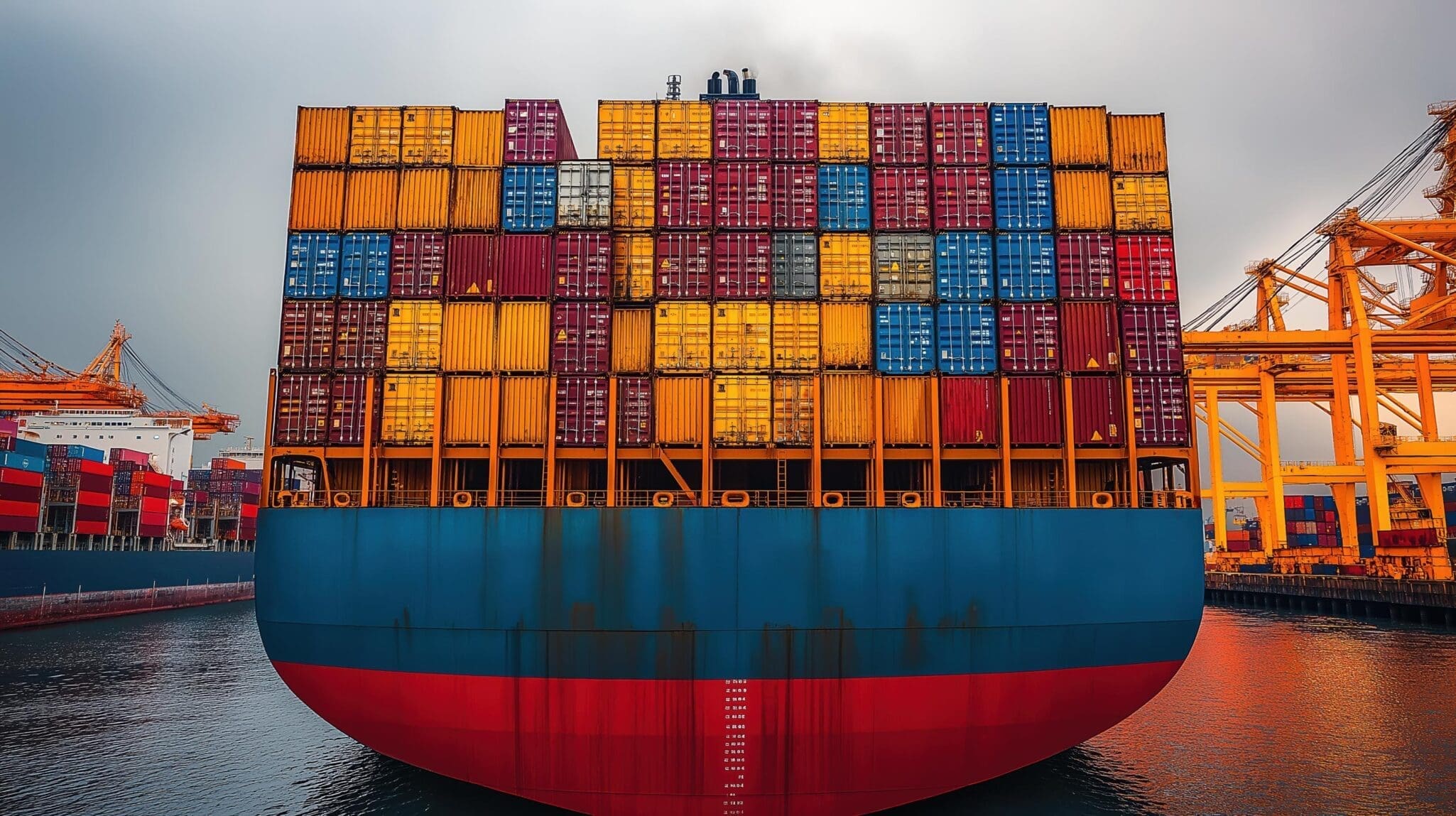 Cargo ship loaded with stacked shipping containers