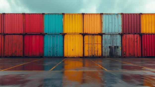 Colorful containers in storage lot Colorful shipping containers stacked in a storage lot