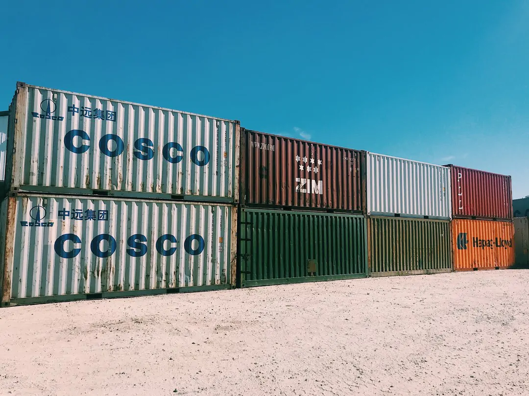 Stacked shipping containers from major freight lines